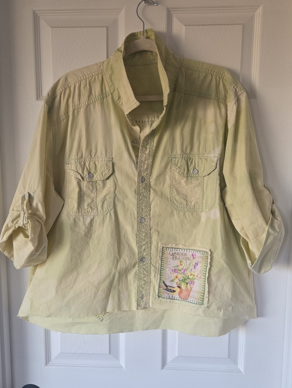 Women's Light Yellow Button-Down Shirt with Floral Patch